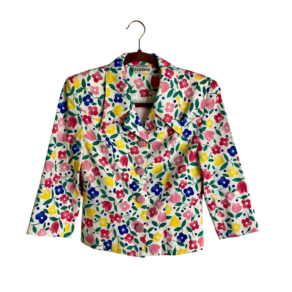 Vintage 80s 90s Floral Blazer Jacket Cottagecore Bold Pop Art Coquette Medium